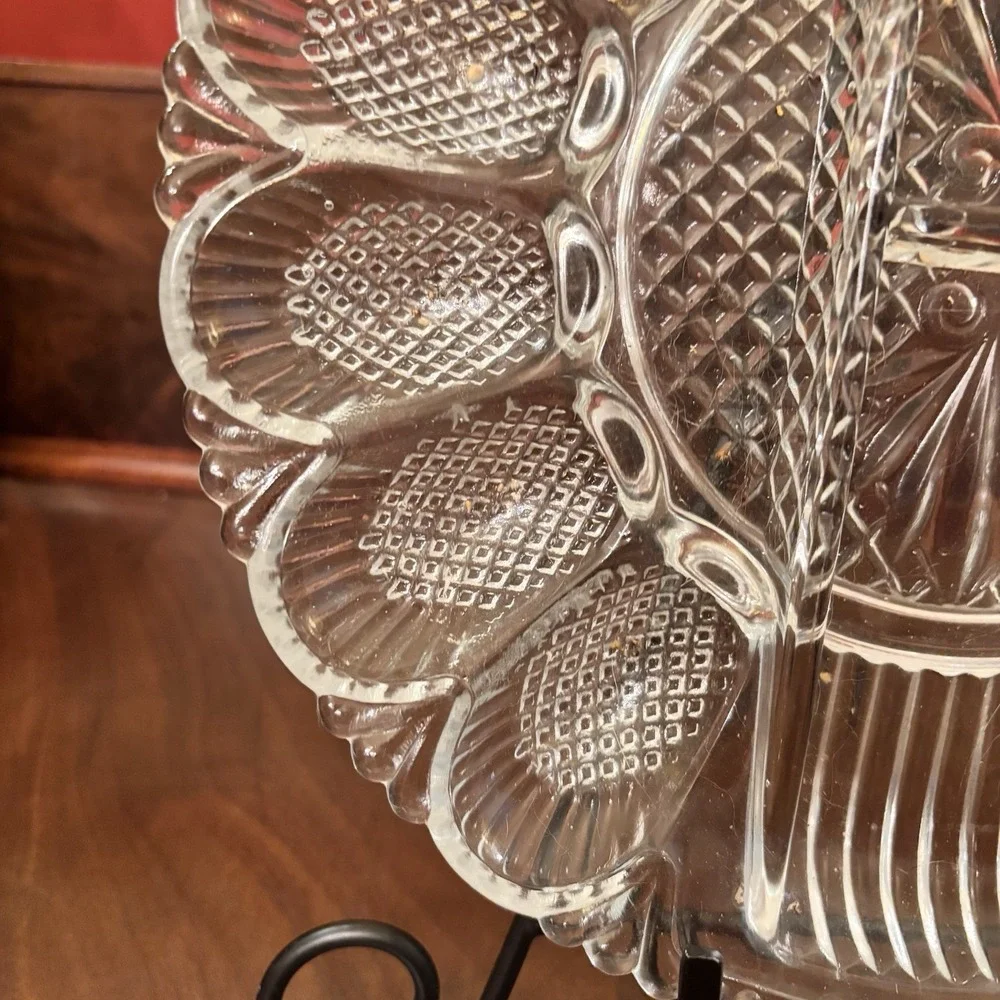 Vintage L.E. Smith Clear Glass Deviled Egg Plate Relish Tray Diamond Point 12